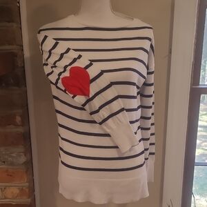 Marled Navy and White Striped Top With Heart Elbow Patches S